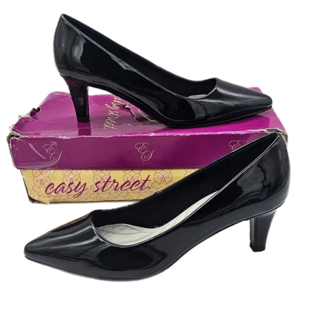 Easy Street Womens Pointe Pump Patent Pointed Toe Slip-On Mid Heels Black 8 N